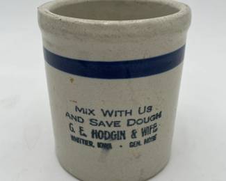 Advertising G.E. Hodgin & Wife Whittier, Iowa Beater Crock