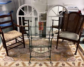 Wool rug, chairs, mirrors