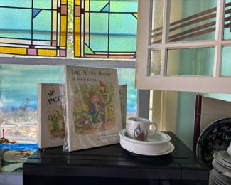Peter Rabbit Pop Up books and a Peter Rabbit porcelain child's set