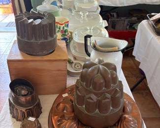 Vintage copper molds and vintage Corning Ware