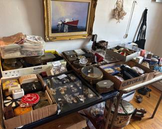 The jewelry room is crammed with boxes of treasures along with many cases of costume and sterling silver necklaces, bracelets, brooches, pins, and earrings.