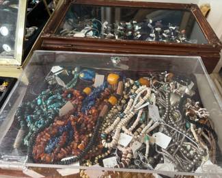 Beads including Native American heishe, turquoise, African trade, and a Huge Santa Domingo shell necklace. Native American turquoise and sterling rings
