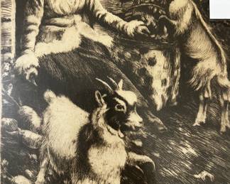 Print by Ernst Kusel, Sweden (1873-1942), titled "Maid with goats, " glazed and framed