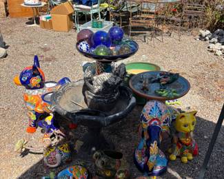 Mexican Talavera pottery and garden gazing balls