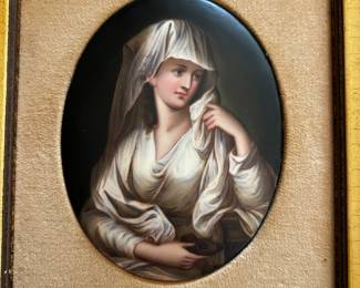 Antique painting on a porcelain plaque, based on the painting by Angelica Kauffman titled, "portrait of a lady as a Vestal Virgin."