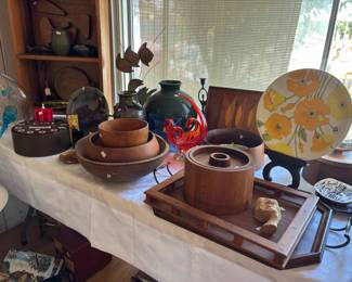 Mid- Century Danish Modern table ware and decor, and a small Curtis Jere sculpture on a wood base