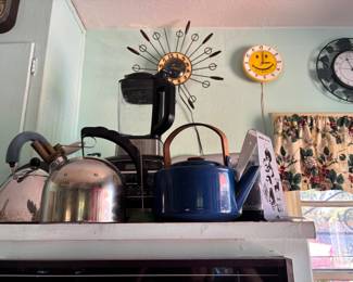 Vintage Star burst clock and other collectible clocks, whistling tea kettles