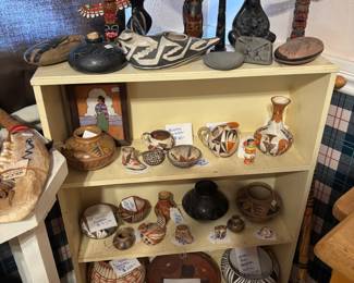 Native American items including North West Coast totem poles, Acoma and other Pueblo pottery and a few Mata Ortiz pots