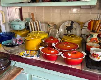 Vintage enameled casseroles including Le Crueset brand
