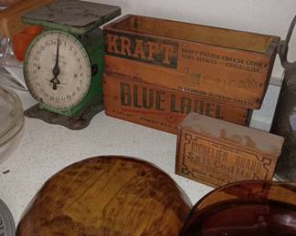 Wood boxes and vintage scale