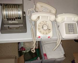Vintage telephones and office supplies