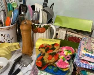 Utensil Crocks, Crocheted Potholders, Recipe Boxes And Lots More