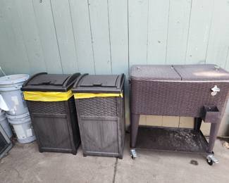 Martha Stewart cooler and 2 trash cans