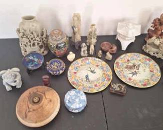 Soapstone Figures, Cloisonne And Tin Items