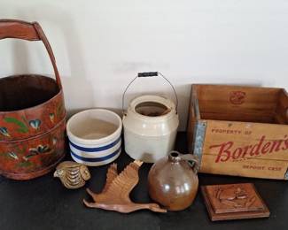 Bordens Wooden Crate, Painted Wood Jug, Crocks And Jugs