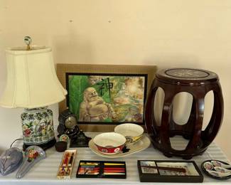 Asian Collectibles Bundle With Lamp, Chinese Drum Stool And More