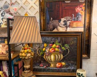 Signed oils, lamps and vintage vases.
