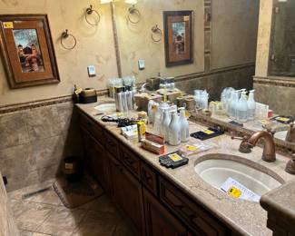 Bathroom items, trash cans and mats. Pictures