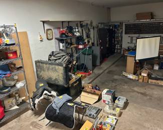 Horse saddle, reigns etc. Tools and cooking wear
