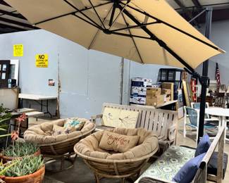 Papasan Chairs, Patio Umbrella and Wooden Benches Orlando Estate Auction