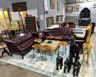 Tufted Leather Sofa Set, Live Oak side Tables, Leather wrapped Animals and Coffee Tables Orlando Estate Auction