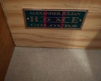W9 - $250. Alexander Julian Lighted China Cabinet. Measures 61" wide x 18" deep x 85" tall. (Base is 32.5" Top is 53" tall) Has 2 glass shelves. Overall very good condition but does have minor signs of wear. Moves in two pieces.