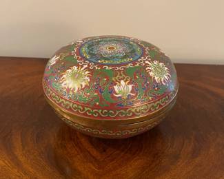 W148 - $30. Copper Cloisonne Lidded Bowl. Measures 7.5" across.