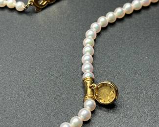 J37 - $1,500. Mikimoto Pearls. Authenticated. 17.5" long necklace. 18kt gold clasp and pendant. Pearls are 4-4.5mm. 
