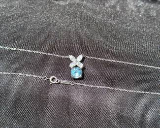 J33 - $3500. Tiffany & Co. "Victoria" Pendant with Aquamarine. Platinum Necklace & Setting. Diamonds Over Aquamarine. Stamped "Tiffany & Co PT950". Chain is 16.5" long.