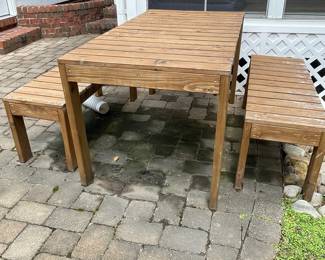 W123 - $100. Outdoor Table and Benches. Table measures 59" wide x 32" deep x 30" tall. Benches measure 47.5" wide x 16" deep x 18" tall