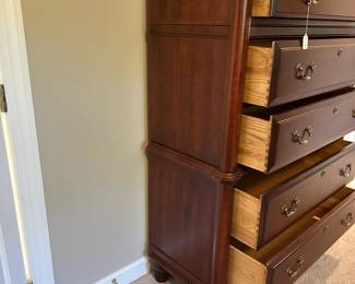 W66 - $300. Newport Cabinet - Solid Wood Furniture. Chest of Drawers. Measures 24.5" x 19" deep x 58.25" tall. All drawers slide. SOLID - sturdy piece! Does have some scratches / marks from use.