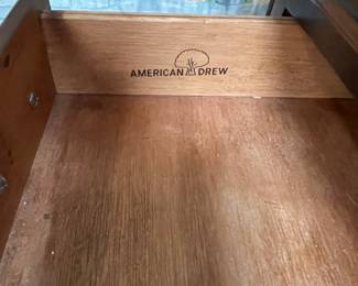 W29 - $100 PAIR. American Drew Nightstands. Measures 26" wide x 15" deep x 26" tall. Drawers slide in sturdy and very good condition!