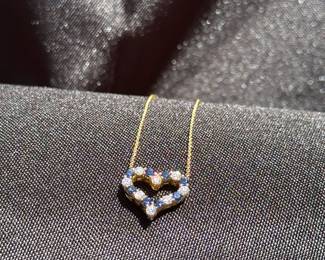 J35 - $900. 18kt gold Diamond Sapphire Heart Pendant Necklace. Stamped "Tiffany & Co. 750" on necklace & pendant. Necklace is 16.5" long.