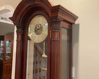 W55 - $1750. SLIGH model 0901-2-CC Grandfather Clock. Measures 31" wide x 15.5" deep x 84" tall. WORKS and we have the key and paperwork! Does have a minor "dent" at the top that you really have to look for.