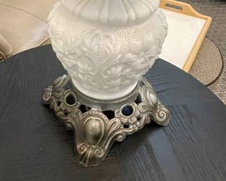 W36 - $75. Milk Glass Hurricane Lamp. Measures 17" tall.