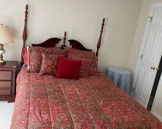 W16 - Queen Size 4 Poster Bed. 1 of the posts at the foot is broken - we have the pieces and it can be glued back in. Older - but Clean! Simmons mattress and boxspring. W17 - $40. Ralph Lauren Queen Size Bedding. Comforter, Sheet Set & Pillows.