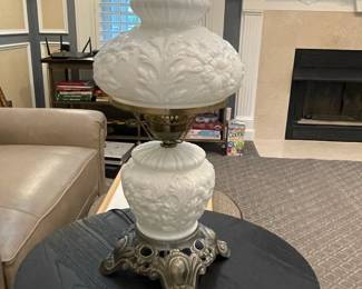 W36 - $75. Milk Glass Hurricane Lamp. Measures 17" tall.