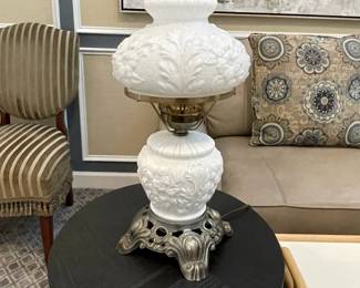 W36 - $75. Milk Glass Hurricane Lamp. Measures 17" tall.