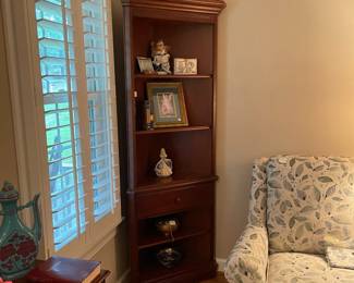 W64 - *2 Available* $150 Each. American Drew Corner Cabinet (with false drawer) Measures 29" wide x 19.75" deep x 78.25" tall. Both are in excellent vintage condition. All shelves are adjustable.