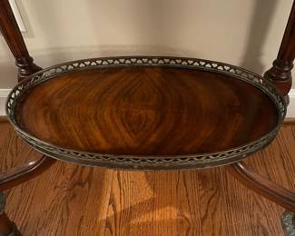 W58 - $225. Four Corner Imports "Crotch Veneer Side Table" from Whitley Furniture Galleries. Measures 27" wide x 16" deep x 30" tall. Gently used in formal living area! Wood with Metal Accents. Single Drawer.