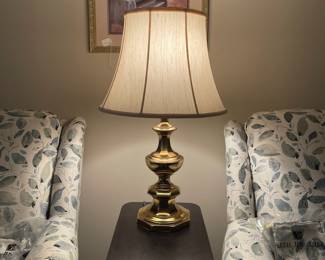 W63 - $35. Brass Table Lamp measures 31" tall. Shade is good! Brass has a bit of minor bubbling in the finish. See photos.