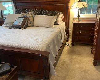 W72 - $500. Newport Cabinet King Bedframe. Measures 85" x 64" tall. Footboard & side rails show the most wear. (Mattress does have a stain but included if you want it)