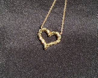 J35 - $900. 18kt gold Diamond Sapphire Heart Pendant Necklace. Stamped "Tiffany & Co. 750" on necklace & pendant. Necklace is 16.5" long.