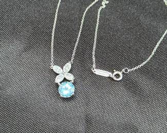 J33 - $3500. Tiffany & Co. "Victoria" Pendant with Aquamarine. Platinum Necklace & Setting. Diamonds Over Aquamarine. Stamped "Tiffany & Co PT950". Chain is 16.5" long.