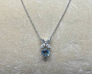J33 - $3500. Tiffany & Co. "Victoria" Pendant with Aquamarine. Platinum Necklace & Setting. Diamonds Over Aquamarine. Stamped "Tiffany & Co PT950". Chain is 16.5" long.