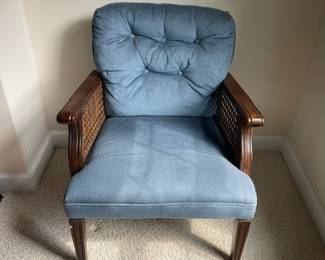 W10 - $50. Upholstered Caned Side Chair. Measures 25" wide x 24" deep x 32" tall.
