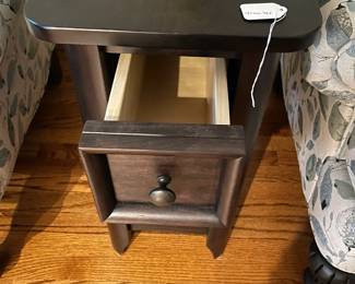 W62 - $95. Single Slim Side Table. Measures 13" wide x 26" deep x 24.5" tall. Very solid table with single drawer.