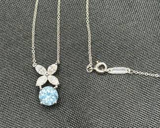 J33 - $3500. Tiffany & Co. "Victoria" Pendant with Aquamarine. Platinum Necklace & Setting. Diamonds Over Aquamarine. Stamped "Tiffany & Co PT950". Chain is 16.5" long.
