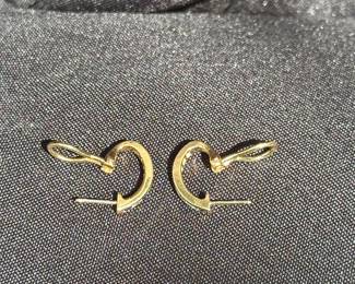 J36 - $1,750. Tiffany & Co. 750. 18kt gold, Diamond & Sapphire Huggie earrings with Omega back. When on has a .75" drop. In excellent condition!