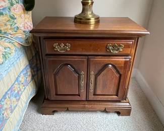 W29 - $100 PAIR. American Drew Nightstands. Measures 26" wide x 15" deep x 26" tall. Drawers slide in sturdy and very good condition!